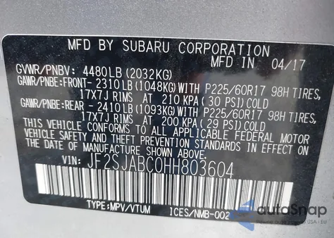 2017 Subaru Forester 2.5I z USA, uszkodzony, nr VIN JF2SJABC0HH803604